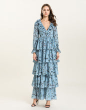 Load image into Gallery viewer, Blue Floral v neck long sleeved Tiered ruffle maxi dress