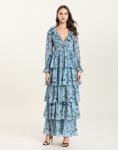 Blue Floral v neck long sleeved Tiered ruffle maxi dress
