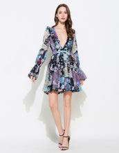 Load image into Gallery viewer, Blue Kaleidoscope plunge mini dress with bell sleeves