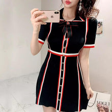 Load image into Gallery viewer, Black knitted dress with red and black stripes *WAS £90*