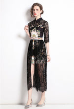 Load image into Gallery viewer, Black lace floral detail layered dress