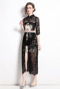 Black lace floral detail layered dress