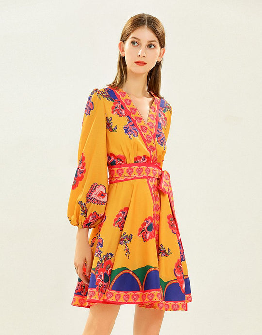 Fiery floral long sleeve mini dress