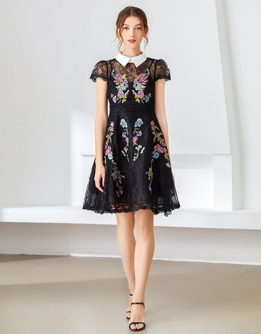 Loveliest Lace black floral embroidered dress with collar