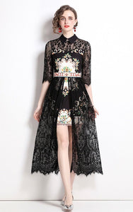 Black lace floral detail layered dress