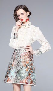 Lace with rustic mixed print mini dress