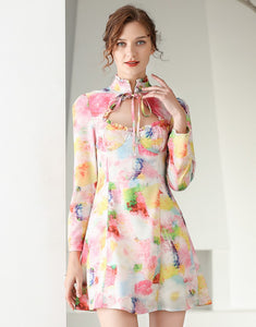 Pastel printed high neck tied long sleeve dress sample sale
