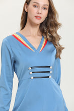 Load image into Gallery viewer, blue dress with yellow and red border sample sale