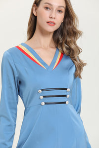 blue dress with yellow and red border sample sale