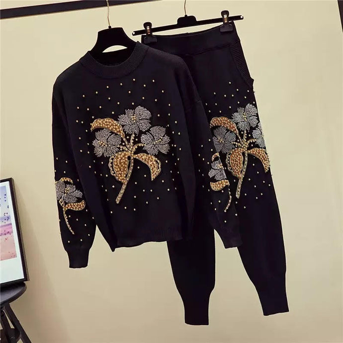 High Quality Gold & silver beaded flower knitted set