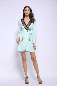Mint embellished deep v neckline wrap dress