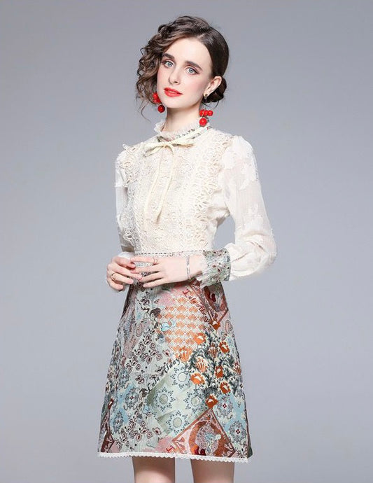 Lace with rustic mixed print mini dress