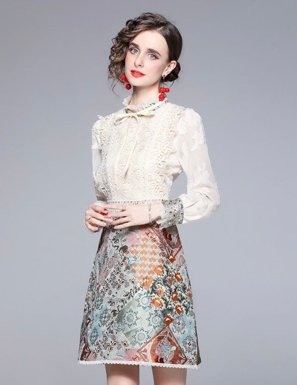 Lace with rustic mixed print mini dress
