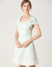 Load image into Gallery viewer, White and light teal mini dress with pearl details sample sale