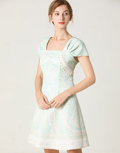 White and light teal mini dress with pearl details sample sale