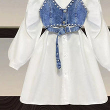 Load image into Gallery viewer, White shirt dress with denim &amp; pearl bralette set