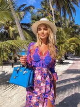 Load image into Gallery viewer, Electric Blue Flamingo Botanical Midi Dress
