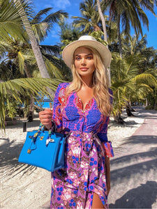 Electric Blue Flamingo Botanical Midi Dress