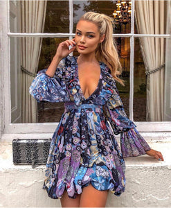 Blue Kaleidoscope plunge mini dress with bell sleeves