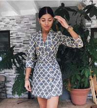 Load image into Gallery viewer, Yellow and mono diamond tile shape blazer dress