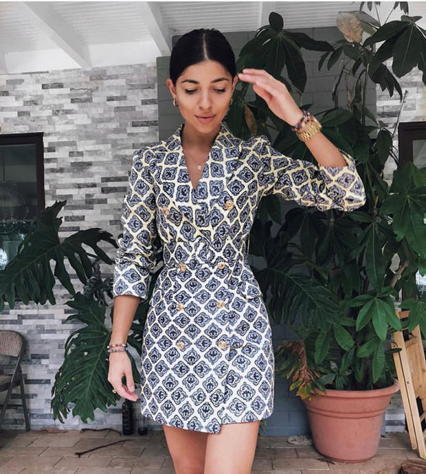 Yellow and mono diamond tile shape blazer dress
