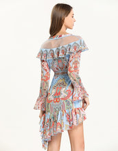 Load image into Gallery viewer, Light blue multi tile patterned mini dress with cut out shoulder.