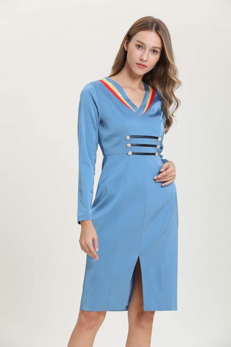 blue dress with yellow and red border sample sale