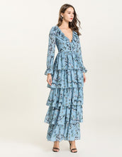 Load image into Gallery viewer, Blue Floral v neck long sleeved Tiered ruffle maxi dress