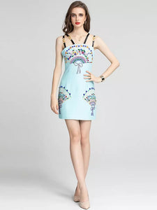Bejewelled fan mini dress with straps