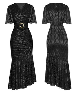 V neck foiled dress with gathering and belt * comes in two colours*