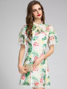 Tropical print with lace mini dress