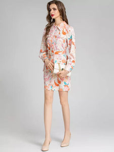 Tangerine rose with pastel print utility dress with belt