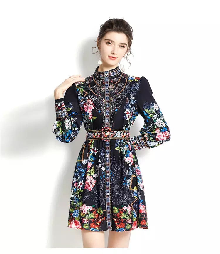 Evening blooms mini dress with belt