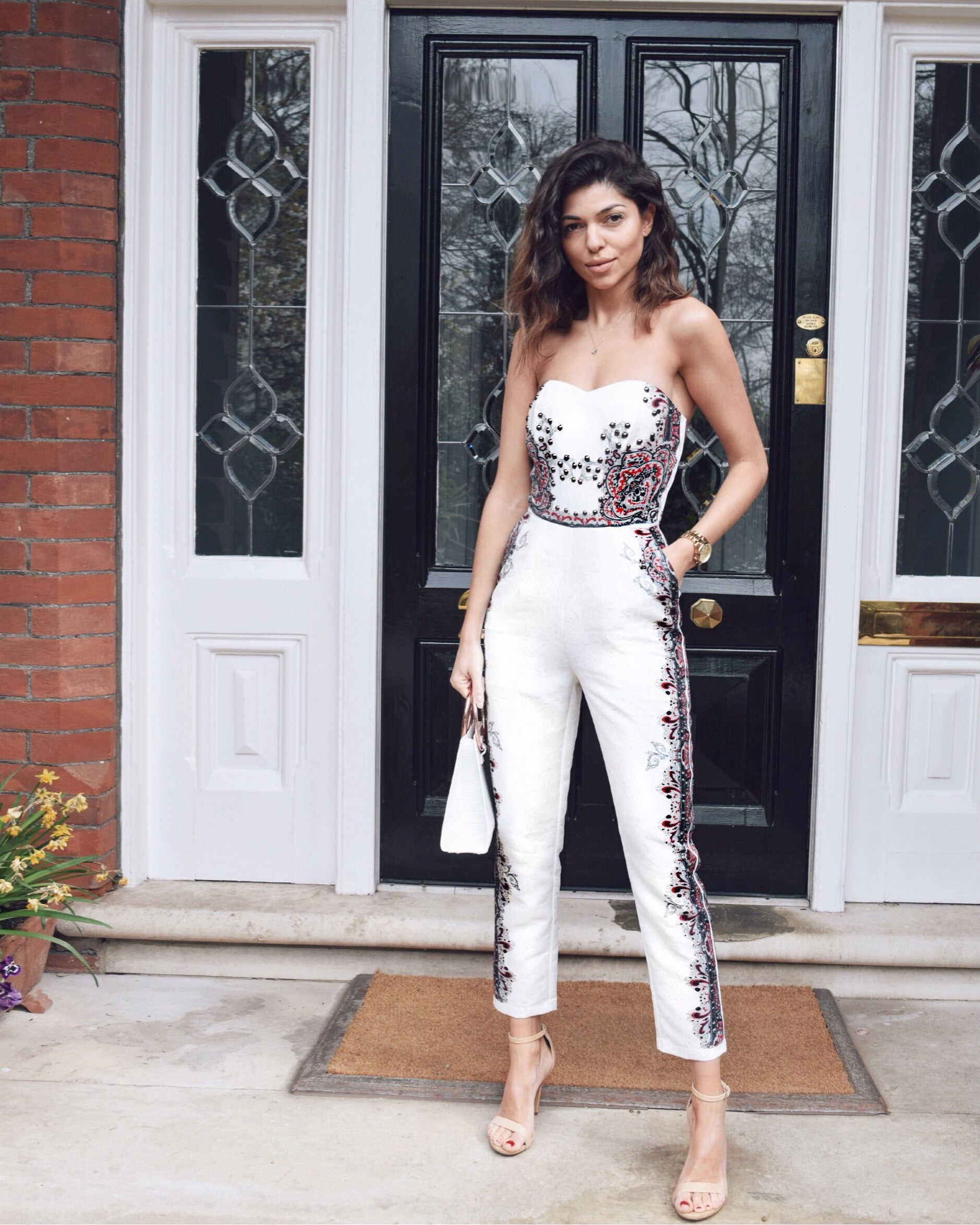 White Bandeau Floral Iron Work Print Jumpsuit