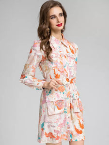 Tangerine rose with pastel print utility dress with belt