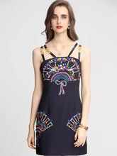 Load image into Gallery viewer, Bejewelled fan mini dress with straps (black)