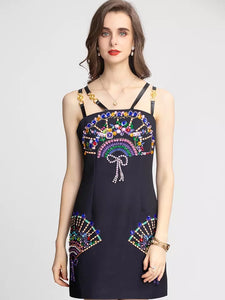 Bejewelled fan mini dress with straps (black)
