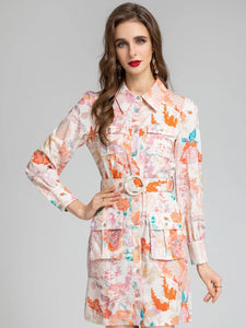 Tangerine rose with pastel print utility dress with belt
