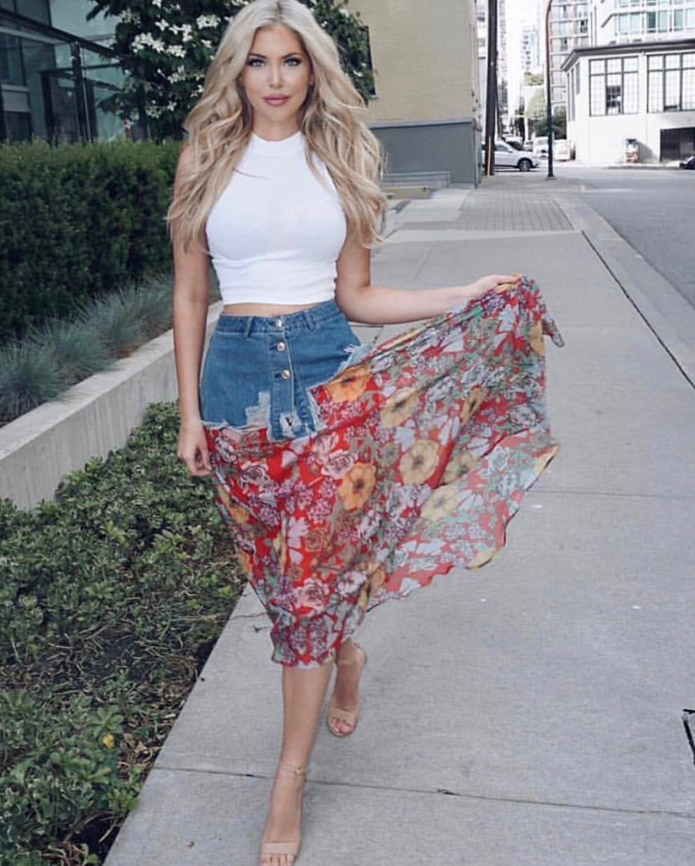 Comino Couture “Blossom Hill” Denim Skirt