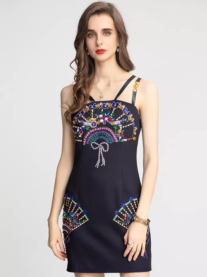 Bejewelled fan mini dress with straps (black)