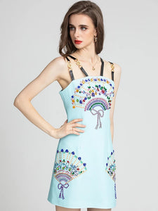 Bejewelled fan mini dress with straps