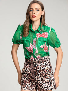 Green floral top with animal print shorts set