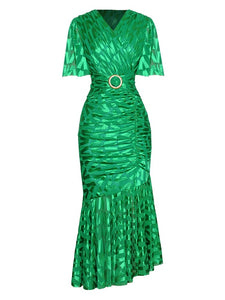 V neck foiled dress with gathering and belt * comes in two colours*