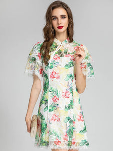 Tropical print with lace mini dress