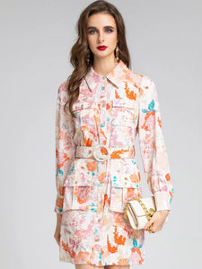 Tangerine rose with pastel print utility dress with belt