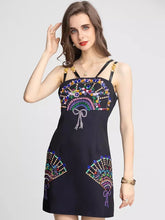 Load image into Gallery viewer, Bejewelled fan mini dress with straps (black)