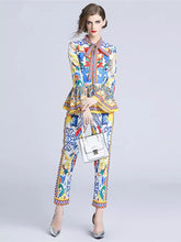 Load image into Gallery viewer, Exuberant pattern peplum top and trouser set