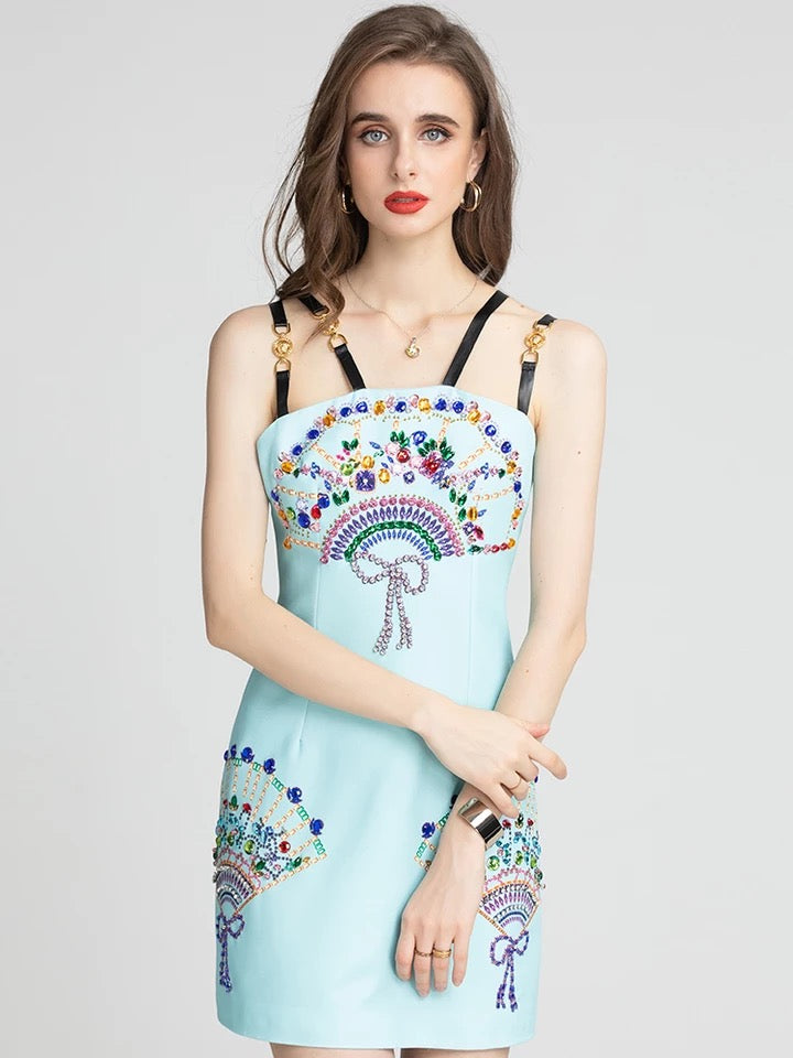 Bejewelled fan mini dress with straps