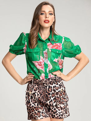 Green floral top with animal print shorts set