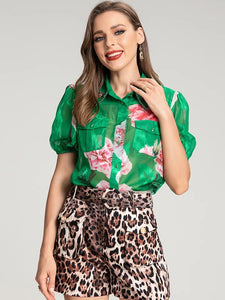 Green floral top with animal print shorts set
